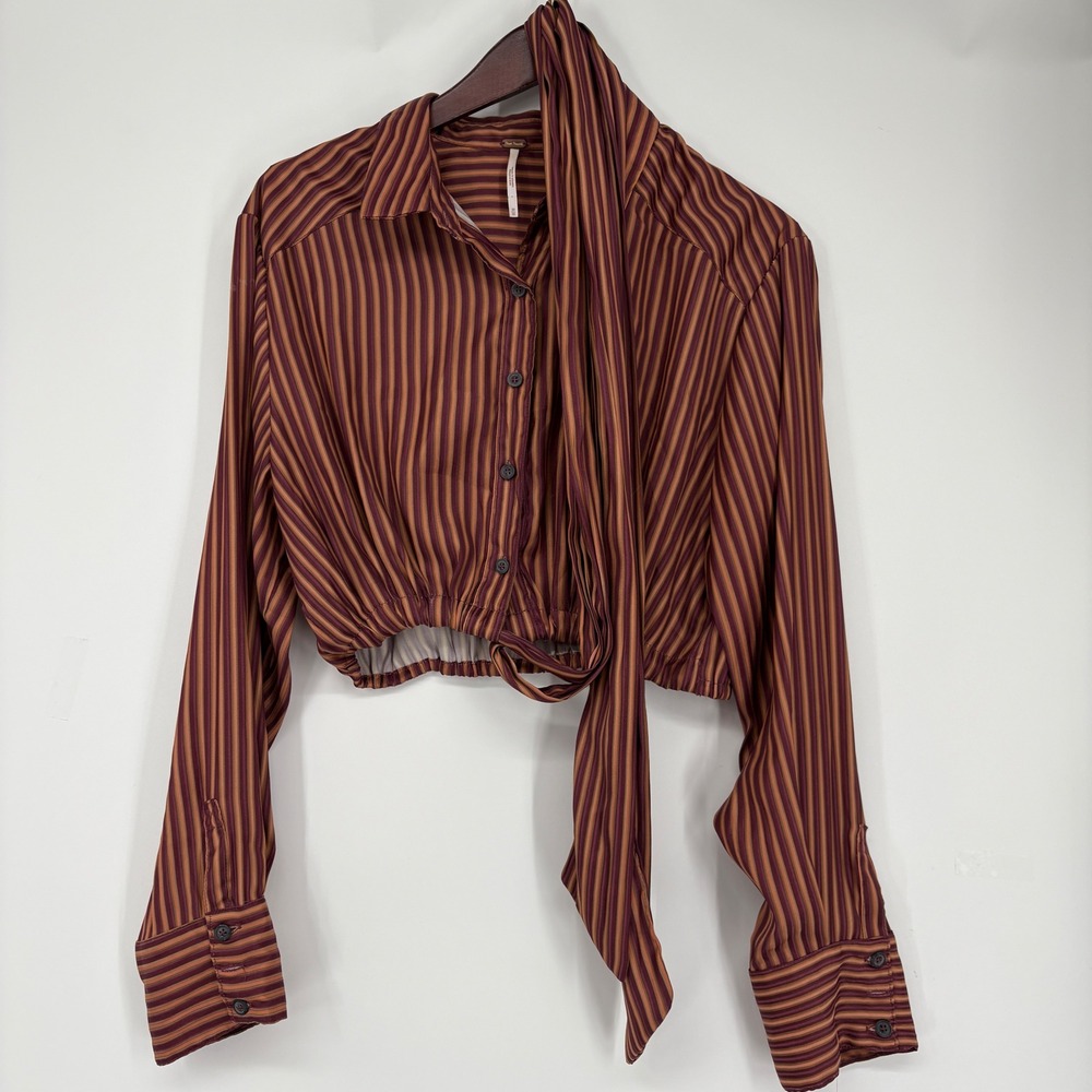 Free People X Revolve My Everything Wrap Top Blouse M Cropped Satin Chocolate - Picture 4 of 15